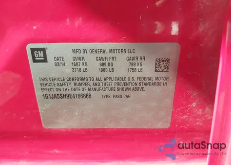 2014 Chevrolet Sonic Ls Auto из США, поврежденный, VIN 1G1JA5SH9E4166866